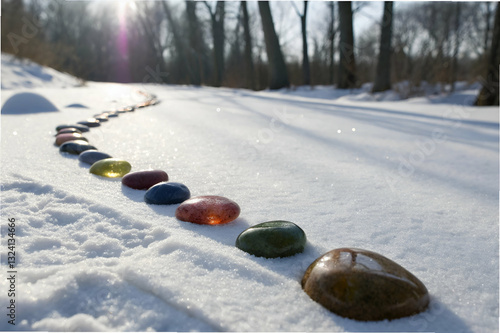 Colorful Stones Lined in Snowy Landscape Under Bright Sunlight in Winter Season, Capturing Natural Beauty and Serenity in Nature's Kingdom