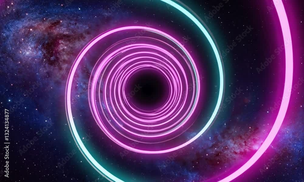 Rotational Motion of a Luminous Neon Ring Set Against a Deep Space Starry Backdrop Rotational Motion of a Luminous Neon Ring Set Against a Deep Space Starry Backdrop