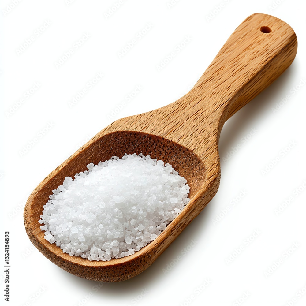 Close-up view of a wooden scoop filled with coarse white salt, ideal for culinary use. Perfect for highlighting seasoning, flavor enhancement, and kitchen essentials. Close-up view of a wooden scoop filled with coarse white salt, ideal for culinary use. Perfect for highlighting seasoning, flavor enhancement, and kitchen essentials.