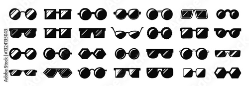 set of sunglasses icons featuring various styles of eyewear, goggles, and shades. Perfect for summer designs, fashion accessories, UV protection symbols, and cool vector illustrations. Isolated design