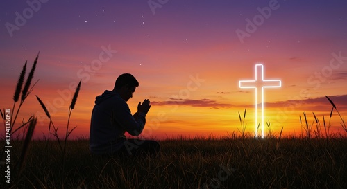 Silhouette of a person praying in a field with a glowing cross at sunset. Religious, spiritual design perfect for faith, hope, or nature themes.