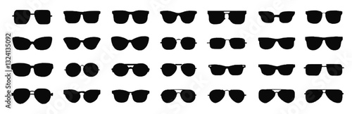 set of sunglasses icons featuring various styles of eyewear, goggles, and shades. Perfect for summer designs, fashion accessories, UV protection symbols, and cool vector illustrations. Isolated design