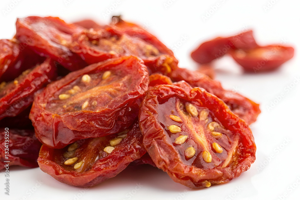 Dried Tomato Slices Displayed on White Background with Sun-Dried Texture, Rich Color, and Natural Seeds for Culinary and Food Presentation Dried Tomato Slices Displayed on White Background with Sun-Dried Texture, Rich Color, and Natural Seeds for Culinary and Food Presentation