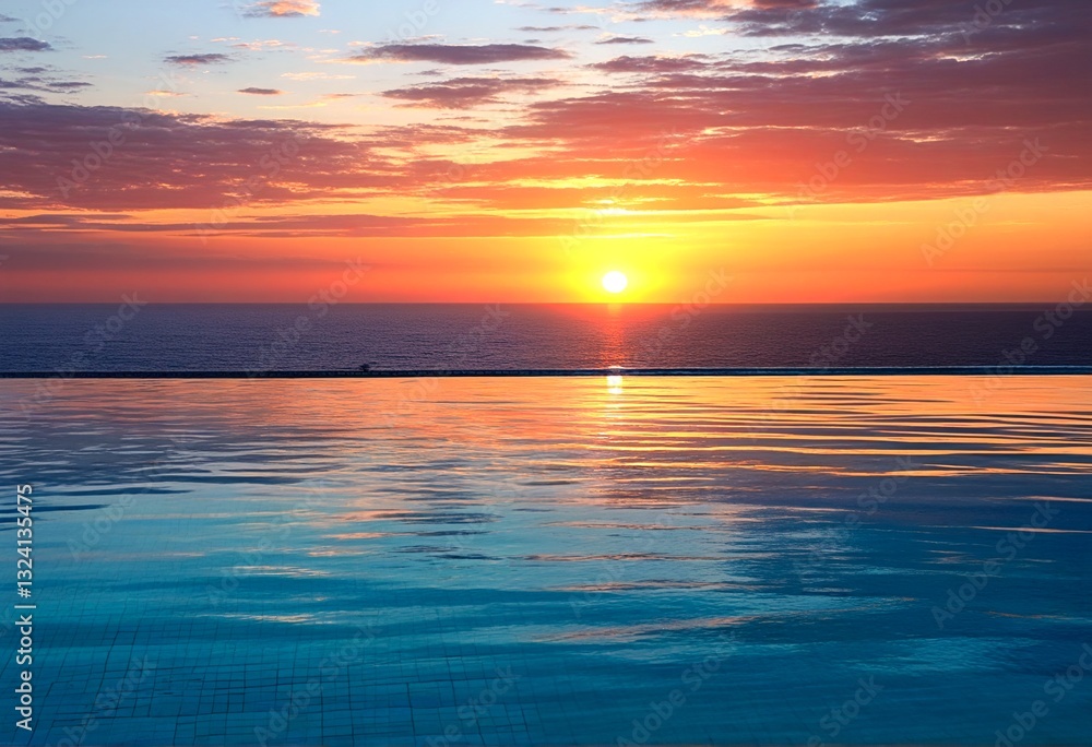 Obraz premium Sunset over an infinity pool and the ocean.