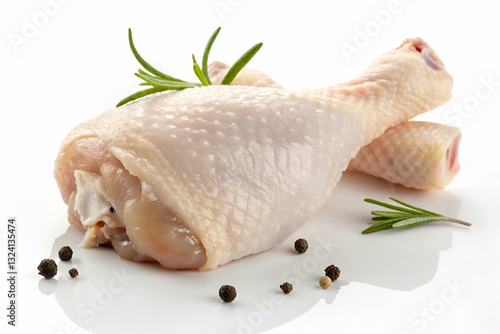Fresh Raw Chicken Drumstick with Rosemary Sprigs and Peppercorns on a White Background, Ideal for Culinary and Food Photography Projects