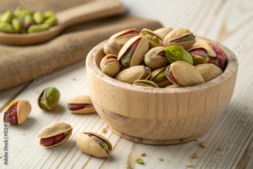 Freshly Shelled Pistachios in a Wooden Bowl with Background of Green Nuts and Brown Textile on Light Wooden Surface
