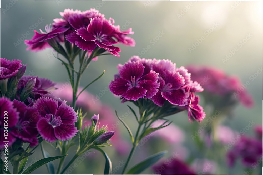 Vibrant Pink Flowers Blooming in a Soft Focus Garden Setting with Gentle Light Filtering Through the Green Background