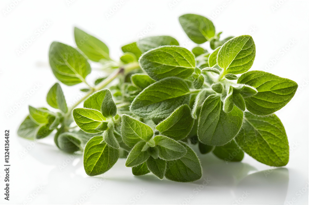 Fresh Green Oregano Leaves Stacked Gracefully on a White Surface Bringing a Vibrant Touch to Culinary Creations and Herbal Remedies