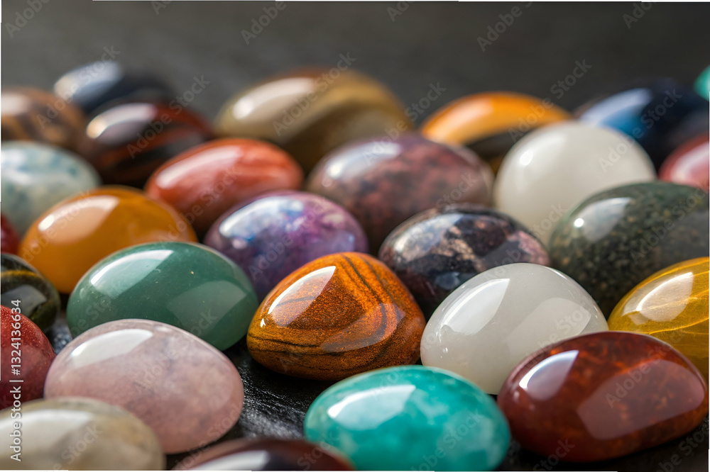 A Colorful Arrangement of Polished Gemstones and Crystals on a Dark Background, Showcasing Nature's Beauty in Various Colors and Patterns
