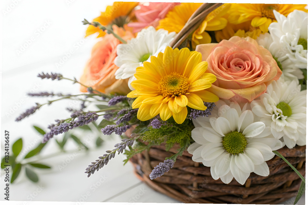 Beautiful and Bright Flower Arrangement in a Woven Basket with Yellow Gerberas, White Daisies, and Lavender Accents for Home Decoration Beautiful and Bright Flower Arrangement in a Woven Basket with Yellow Gerberas, White Daisies, and Lavender Accents for Home Decoration