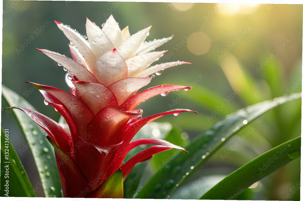 Close-Up of Vibrant Tropical Flower with Dew Drops Glimmering in Morning Light Against Lush Green Background in Exotic Garden Setting
