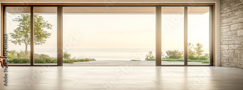 Modern architectural design showcases stunning lake view through large glass windows