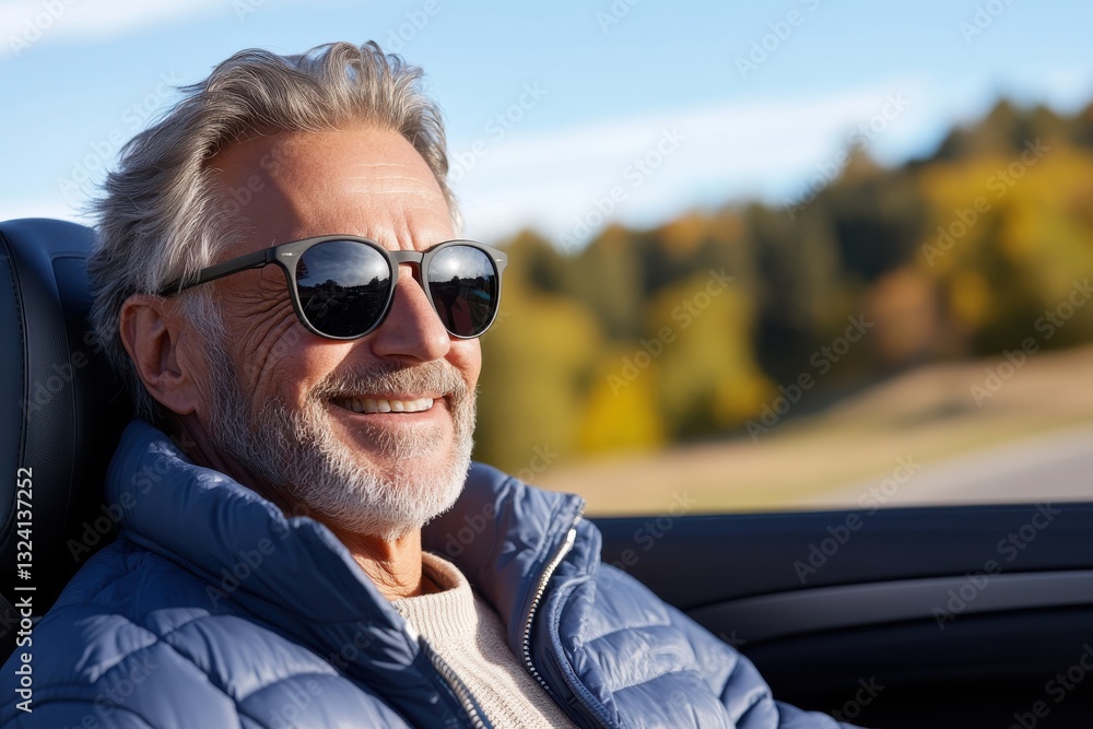 A smiling older gentleman with sunglasses is seated in a convertible car during a picturesque drive, exuding joy and relaxation amidst beautiful landscape views. A smiling older gentleman with sunglasses is seated in a convertible car during a picturesque drive, exuding joy and relaxation amidst beautiful landscape views.
