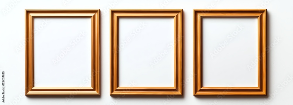 Three empty, elegant golden frames arranged in a row against a bright background, perfect for showcasing art, photos, or designs. Ideal for creative projects and presentations. Three empty, elegant golden frames arranged in a row against a bright background, perfect for showcasing art, photos, or designs. Ideal for creative projects and presentations.