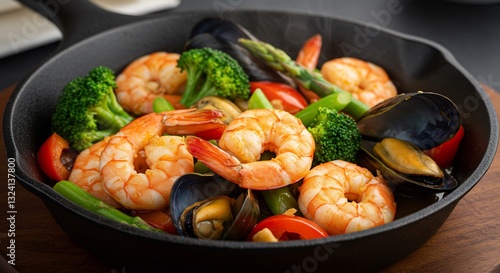 Delicious Seafood Stir Fry Warm Lighting. AI Generated