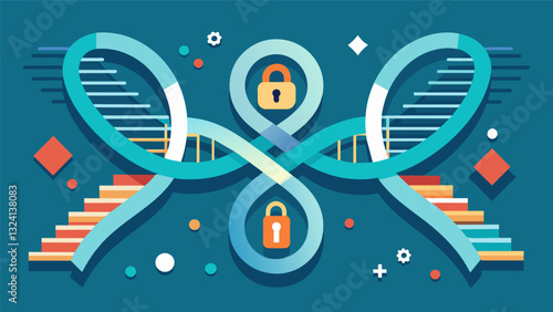 Like a hidden roadmap of knowledge the intertwined strands of a DNA double helix hold the keys to unlocking vast amounts of stored digital data.. Vector illustration