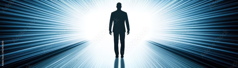 Fototapeta premium A silhouetted figure stands at the end of a tunnel of light, symbolizing possibility and the journey into the unknown.