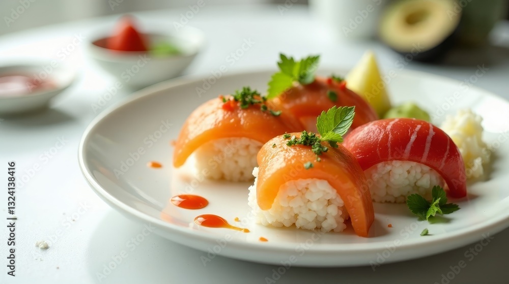 Delectable Salmon and Tuna Sushi Delicacies Served on Elegant White Plate with Garnish Delectable Salmon and Tuna Sushi Delicacies Served on Elegant White Plate with Garnish