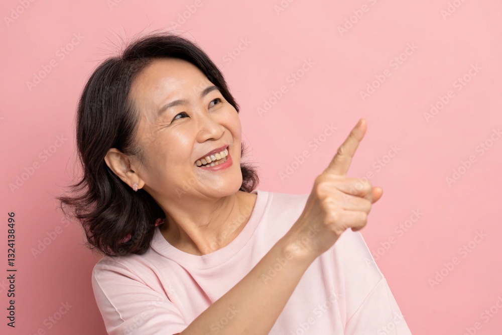 smiling woman pointing with finger on pink background smiling woman pointing with finger on pink background