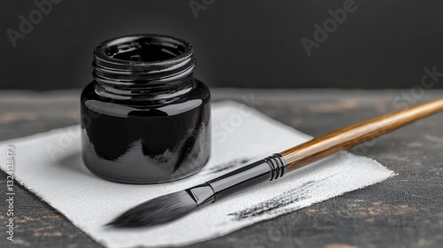 Ink Pot & Brush Still Life: A Classic Art Design Element. Perfect for artistic, retro, or vintage projects. High-quality graphic resource for creative professionals. photo