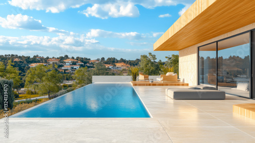 Modern villa with infinity pool overlooking a serene landscape near a residential area