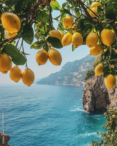 Lush lemon trees frame a striking coastal view, showcasing the stunning landscape of a Mediterranean paradise with vibrant yellow lemons and crystal-clear waters.