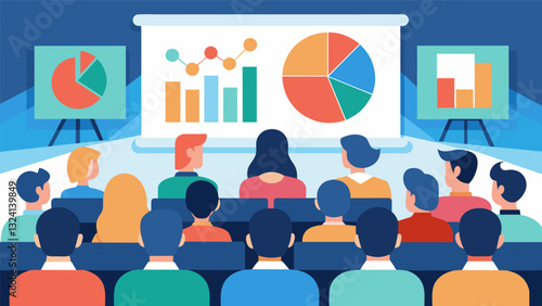 In a packed auditorium a group of policymakers delivers an engaging presentation using creative data visualizations to inform the public about the reasoning behind a new policy. Vector illustration