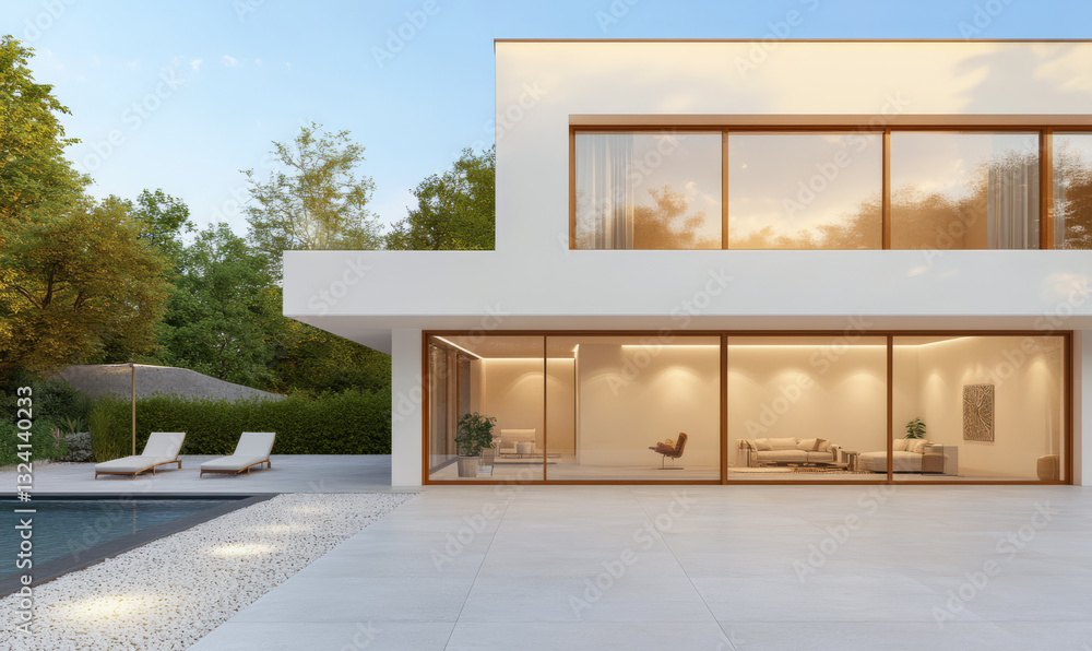 Fototapeta premium Modern house design with spacious outdoor pool area and beautiful landscaping