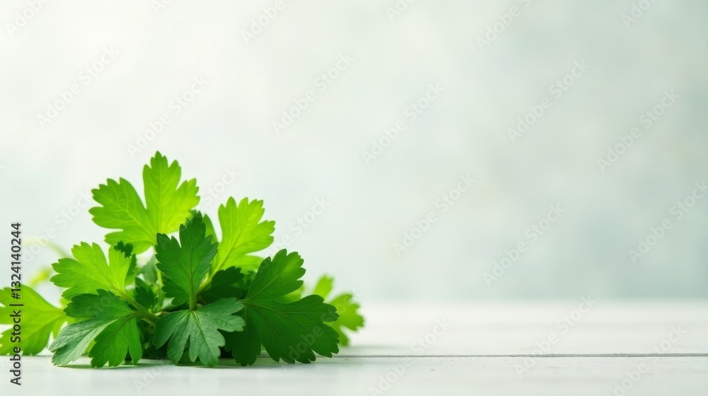 Fototapeta premium Fresh Parsley Sprig on White Surface with Ample Copy Space for Culinary or Health-Related Designs