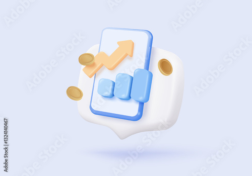 3D stock trading graph report for statistic market in bubble icon. Sell and buy money cash and exchange with finance business, analyzing investment. 3d bank trading icon vector render illustration