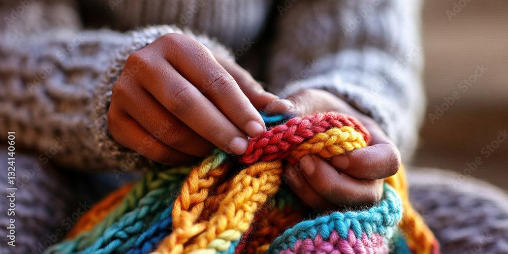 Naklejka premium Hands Knitting Multicolored Yarn