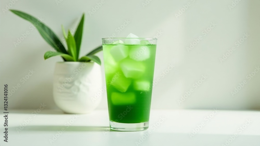 Refreshing Green Beverage with Ice Cubes in a Tall Glass Beside a Potted Plant Refreshing Green Beverage with Ice Cubes in a Tall Glass Beside a Potted Plant