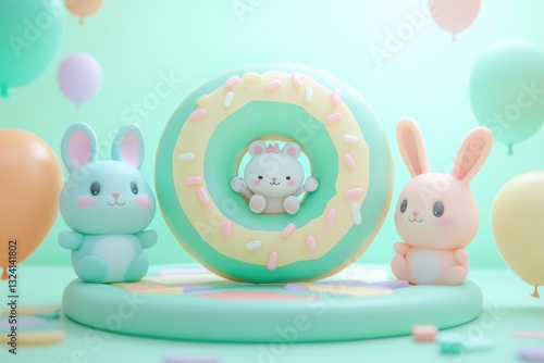 Two cute bunnies flank a pastel donut with a tiny bunny inside, surrounded by pastel balloons.