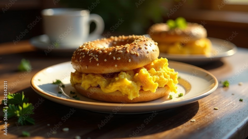 A delightful sesame bagel topped with fluffy scrambled eggs, garnished with fresh herbs, sits on a plate bathed in warm sunlight A delightful sesame bagel topped with fluffy scrambled eggs, garnished with fresh herbs, sits on a plate bathed in warm sunlight