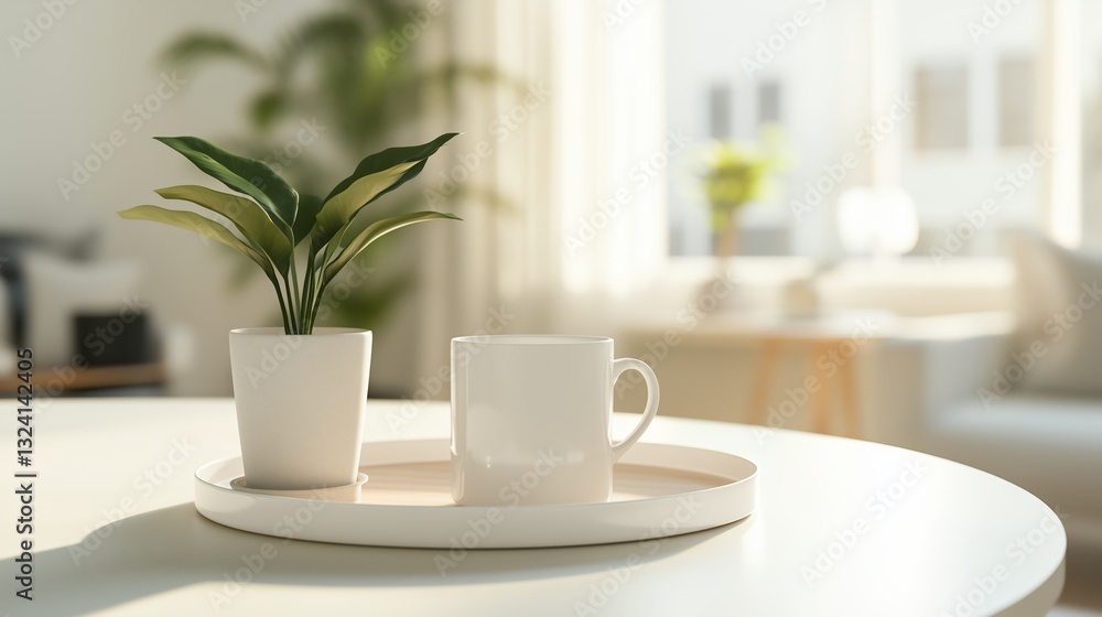 Cozy morning setup with plant and mug on a tray in bright living room Cozy morning setup with plant and mug on a tray in bright living room