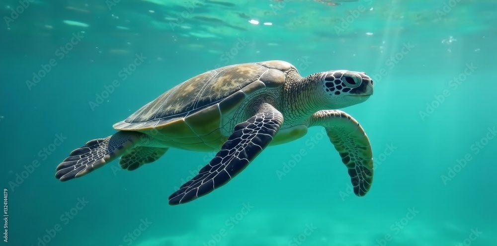 Fototapeta premium A graceful sea turtle glides effortlessly through the vibrant turquoise waters, sunlight filtering from above, illuminating its shell and fins.