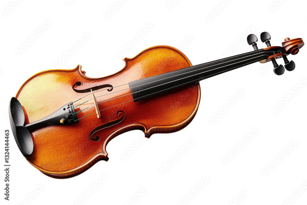 Fototapeta premium Elegant wooden violin resting on a white surface, showcasing its rich color and craftsmanship isolated on transparent background
