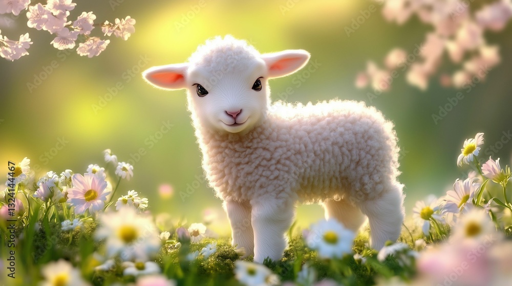 Fototapeta premium Easter lamb in a flower-filled meadow with soft sunlight.