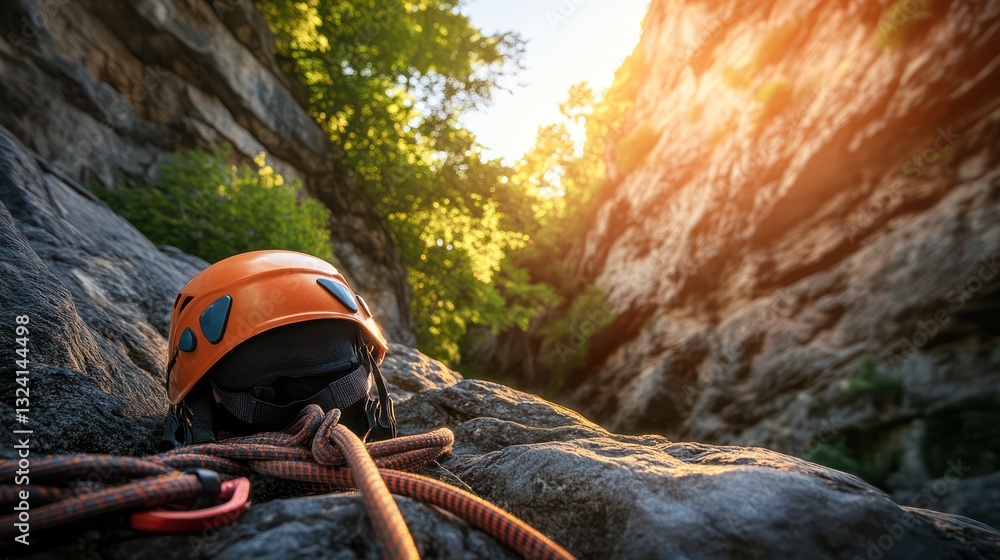 Orange Climbing Helmet & Rope on Rocky Canyon Orange Climbing Helmet & Rope on Rocky Canyon