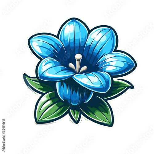 Stylized blue bellflower with glossy petals and green leaves