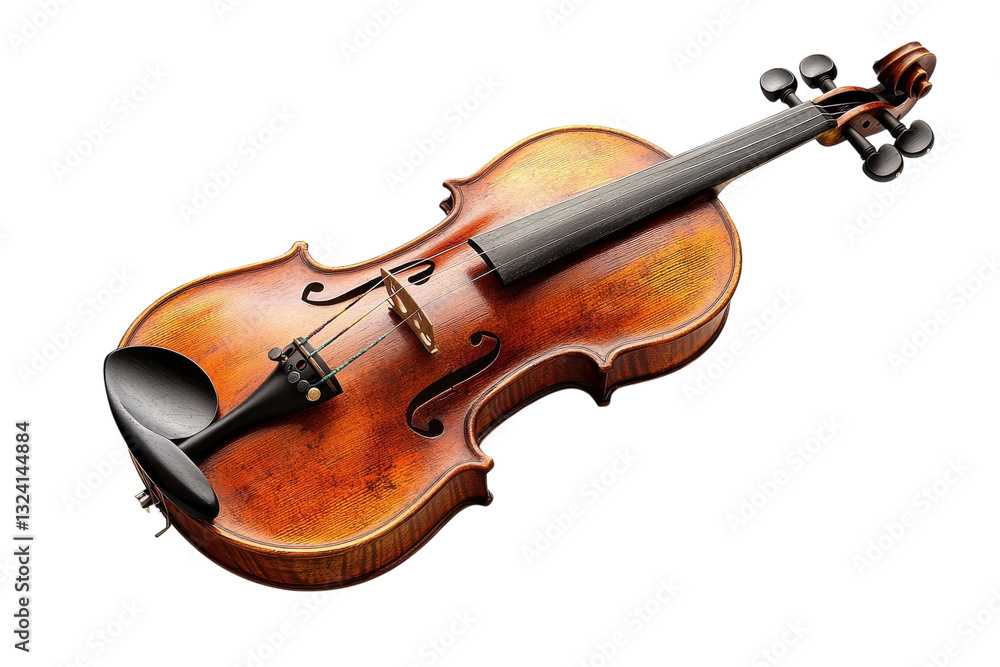 A finely crafted violin rests elegantly, highlighting its intricate design and tones isolated on transparent background A finely crafted violin rests elegantly, highlighting its intricate design and tones isolated on transparent background