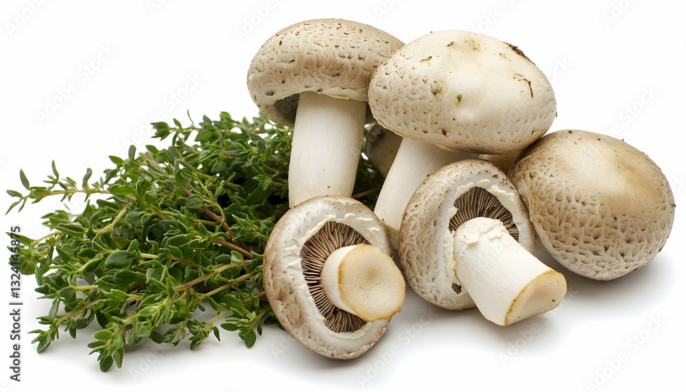 Fresh Mushrooms and Thyme on White Background Fresh Mushrooms and Thyme on White Background