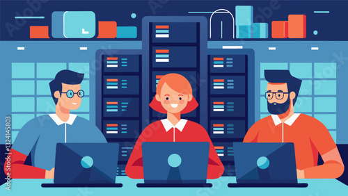 Overseeing the operations of the Petabyte Data Center was a team of highly skilled technicians constantly monitoring and managing the massive amounts of stored data.. Vector illustration