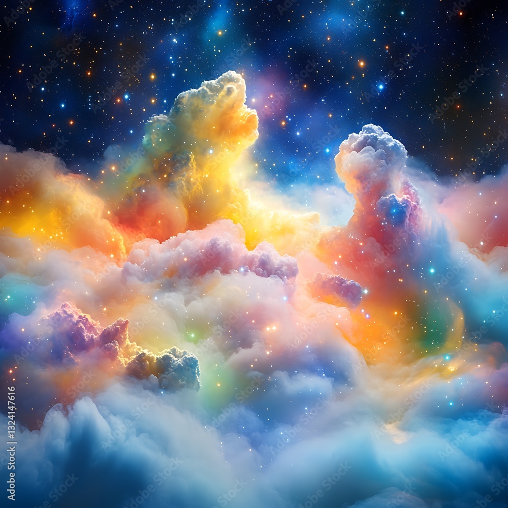 Obraz premium Colorful clouds with bright stars illuminate the night sky gracefully