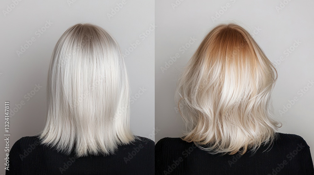 Naklejka premium A before-and-after transformation of a womanâ€™s hair after a fresh haircut and color treatment