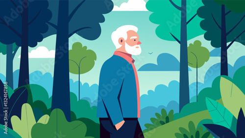 An elderly man slowly walking through a dense forest stopping occasionally to take deep breaths and appreciate the natural beauty around him.. Vector illustration