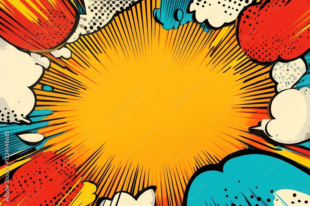 Fototapeta premium Vibrant comic book action background with dynamic lines and colorful speech bubbles for creative storytelling and design projects