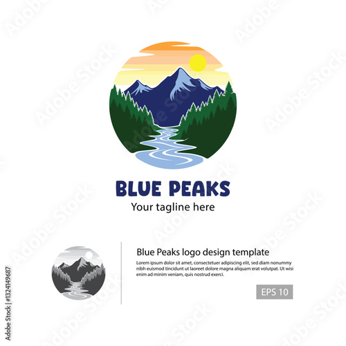 Mountain of Blueriver logo design template, suitable for Adventure, Mountain, and Nature logo design.