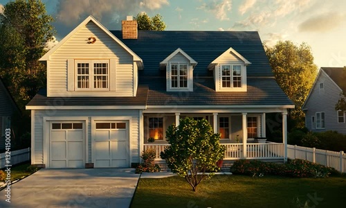 Charming suburban house with white picket fence, lush garden, and warm evening sunlight