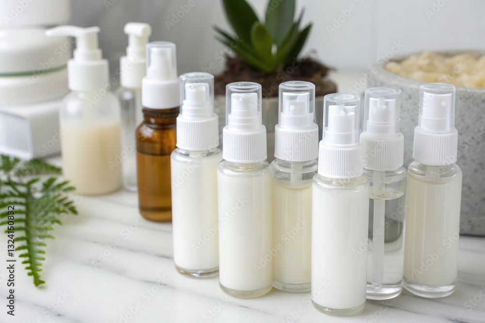 Collection of Uniform Skincare Products Lined up on Marble Surface With Greenery in the Background Generative AI Collection of Uniform Skincare Products Lined up on Marble Surface With Greenery in the Background Generative AI